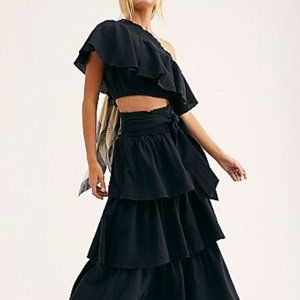 Free People Black "Go For Drama" Ruffled One Shoulder Crop Top